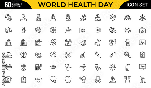 World Health Day Outline Icon Set – Healthcare, Medical Awareness and Wellness Linear Icons Collection for Global Health Campaigns, Editable Stroke, Modern Vector Illustration