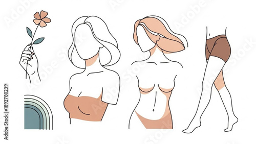 Illustration of female figures in various poses showcasing body positivity and minimalist art style