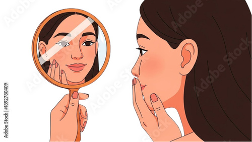 Woman examining her face in a mirror and touching her skin