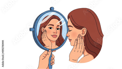 Woman examining her reflection in a handheld mirror with a thoughtful expression on her face at home