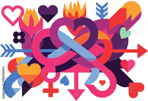A vibrant illustration of love and relationships with colorful hearts and symbols
