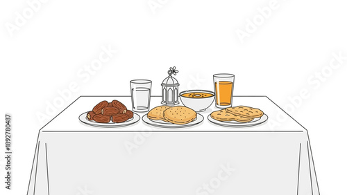 Breakfast table setting with food and drinks.