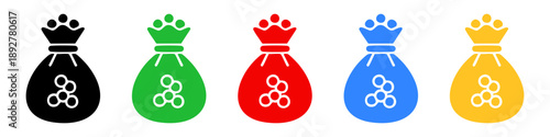 Set of money bag icons in black silhouette style, including dollar sign, coins, and price tag variations for finance and business concepts.