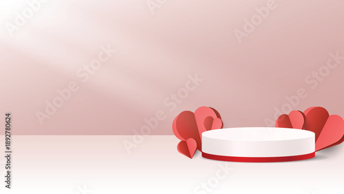 Valentine 3D background with realistic pink podium. Minimal pastel wall scene product display.