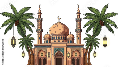Islamic mosque with palm trees and lanterns.