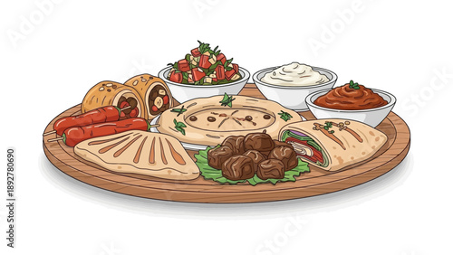 Turkish kebabs platter with dips and salad.