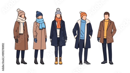 Group of people wearing winter clothing standing in a line