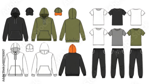 Collection of hoodies, t-shirts, and pants in various colors and styles displayed together