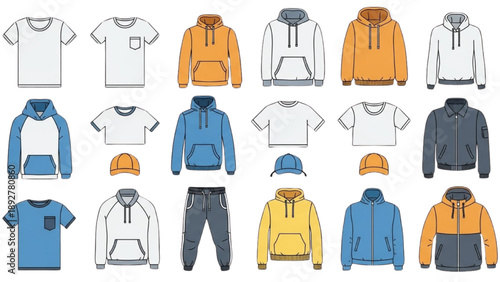 Collection of various clothing items including hoodies and t-shirts arranged neatly