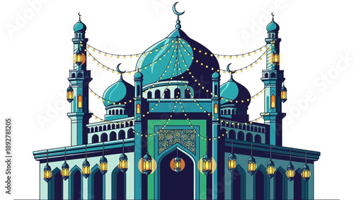 Ramadan mosque with crescent moon and lanterns.