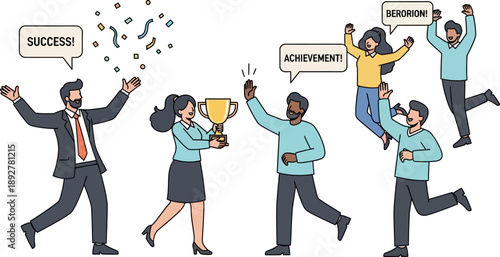 Large group of business employees celebrating winning trophy and achievement in office