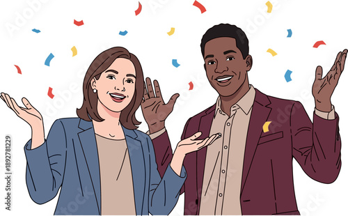 Cheerful multiethnic business partners smiling with open arms under festive confetti