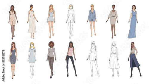 Collection of diverse women in various fashion illustrations posed elegantly