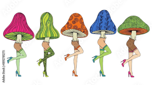 Vibrant Mushroom Caps Morph into Fashionable Women Standing in a Row