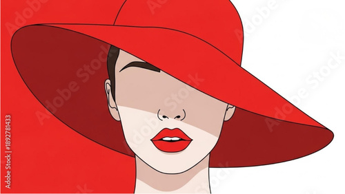 Elegant woman wearing a large red hat, close-up portrait illustration