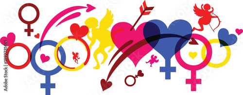 A colorful illustration of love and relationships with hearts and symbols
