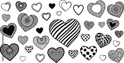 Black and white hearts with various patterns and stripes polka dots