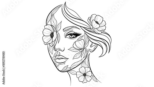 A woman's face adorned with flowers in her hair and on her skin, depicted in a serene illustration.