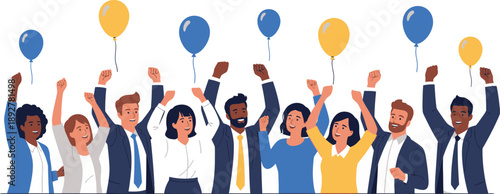 Diverse group of people celebrating with balloons and raised fists in a festive atmosphere