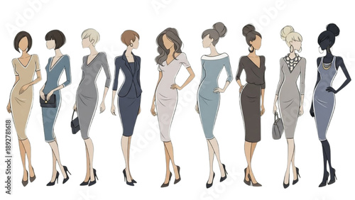 Illustrations of diverse women in various professional attire standing confidently in a row