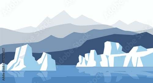 Iceberg landscape illustration featuring mountains and ocean with a serene atmosphere and distant viewpoint