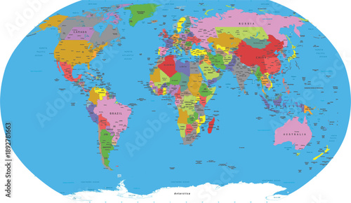 Detailed Political World Map with Countries and Continents - Colorful Global Atlas Illustration