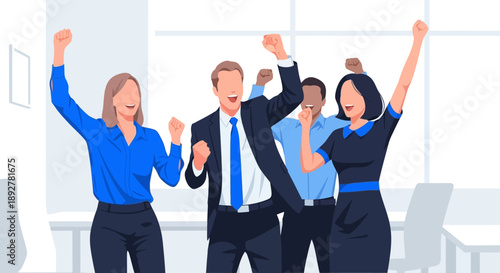 Group of five happy business professionals celebrating with raised fists in bright modern office environment