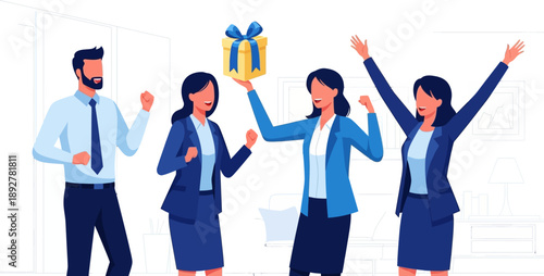 Business team celebrating and receiving a gift box with a bow, office party