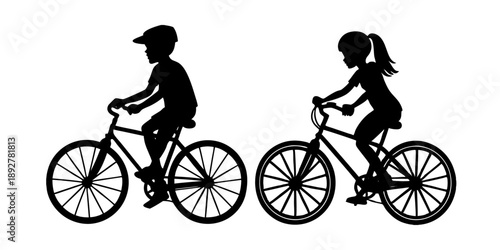 Silhouette of a girl and boy riding a bicycle in a simple vector style illustration