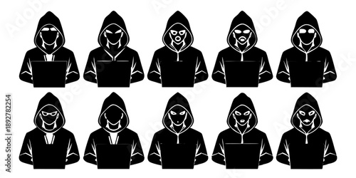 Black and white vector illustration of a hacker wearing a hoodie.