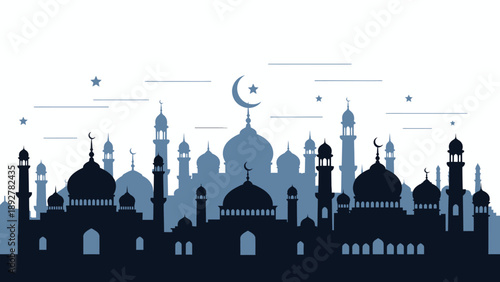 Islamic City Skyline with Mosques and Crescent Moon.