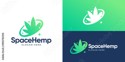 Creative simple space hemp logo template. Modern abstract cannabis seed weed with planet logo design vector illustration.