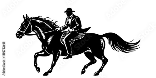 A black silhouette vector illustration of a professional jockey riding a stallion at full gallop, depicting the power of equestrian sports in horse racing against a white background.