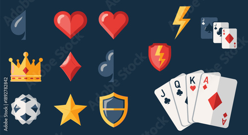 Collection of icons representing various symbols including playing cards, suits, and sports emblems on a dark background