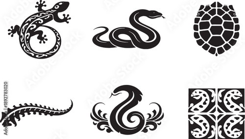 Reptile Ornament Symbol Set Abstract Black and White Decorative Icons.eps