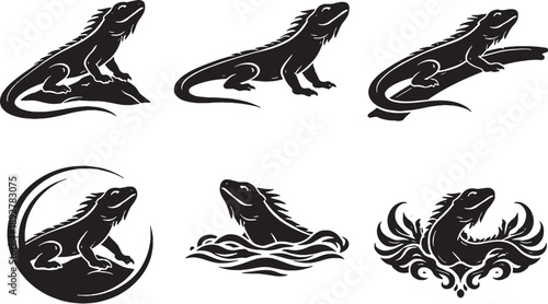 Monitor Lizard Heavy Form Icon Set Realistic Silhouette Black and White Reptile Icons.eps