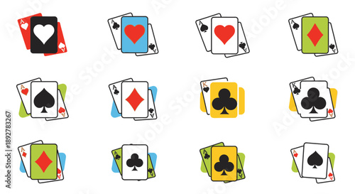Collection of playing cards with various suits displayed in a grid pattern