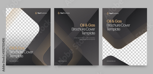 Brochure Report Cover Template with Heavy Industry, Oil & Gas Theme with Grey, Black & Gold Accents, Business Flyer & Poster Layout