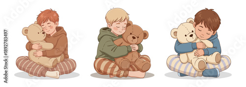 Small child sits and hugs a teddy bear
