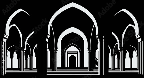 Vector illustration of a symmetrical architectural corridor with arches and columns viewed from the front