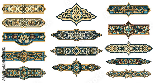 Collection of ornate vector design elements arranged in a grid pattern, showcasing various intricate patterns and shapes