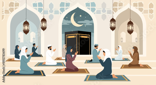 Vector illustration of people praying together in a mosque with crescent moon and arches, serene atmosphere
