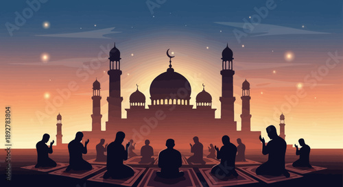 Vector illustration of people praying at a mosque during a serene sunset with silhouettes and celestial stars.