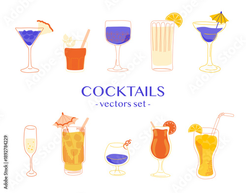 Ensemble de verres à cocktails, avec pailles, fruit et déco.  Illustration à la main, boissons classiques pour mocktails et cocktail. Couleurs fantaisiste idéale pour l'été