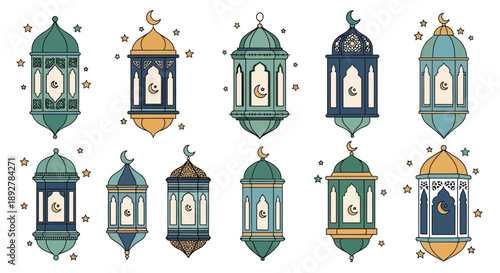 Collection of colorful lanterns in various designs and shapes displayed together in a decorative arrangement