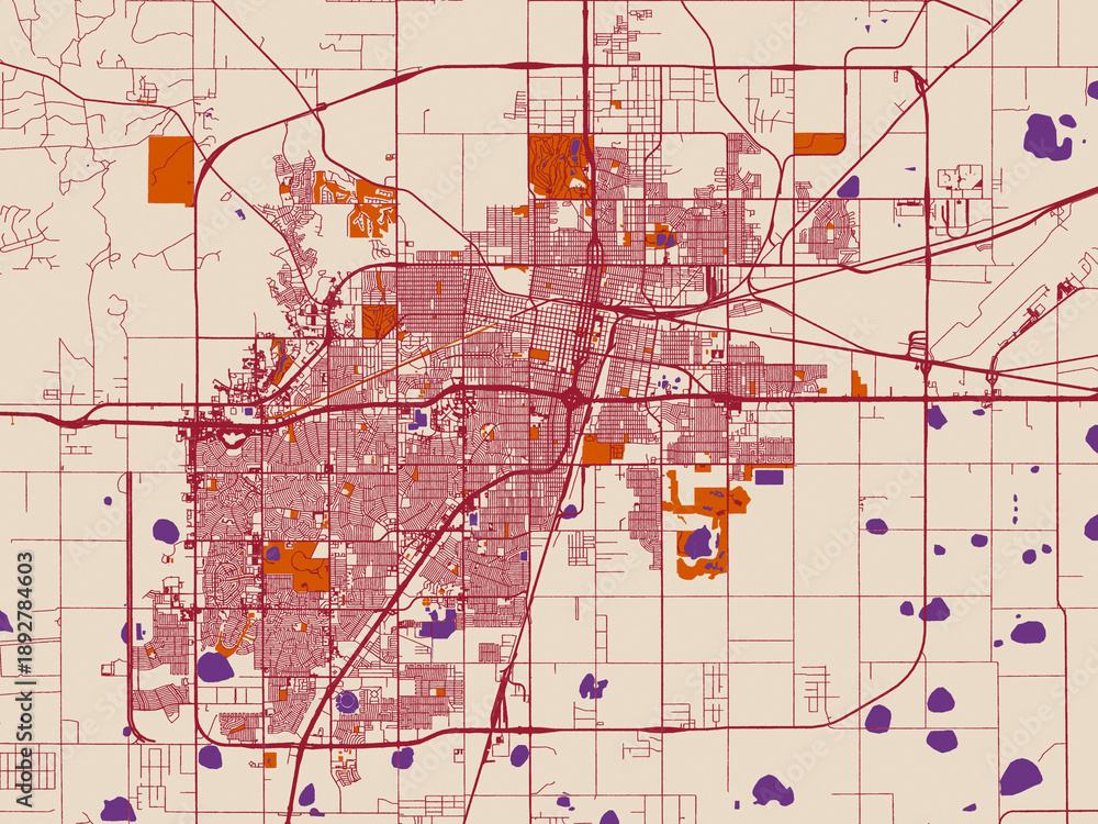 Naklejka premium Street network map of Amarillo, Texas, featuring minimal cream city base with wine-red streets, terracotta accents and soft purple water areas