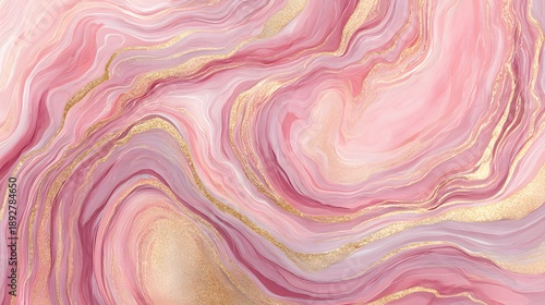 Soft pink marble pattern with gold accents and swirls.