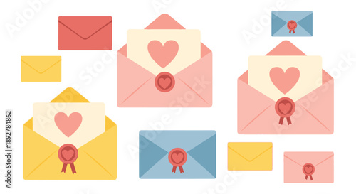 Colorful envelopes with hearts and seals scattered on a surface, viewed from directly above, showcasing various correspondence elements.
