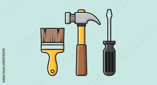 Tools for construction and repair work displayed together on a light background