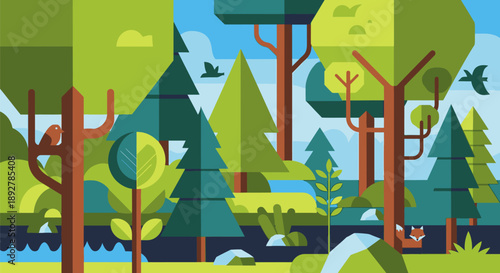 Serene forest landscape with trees, birds, and wildlife in a natural environment viewed from a distance